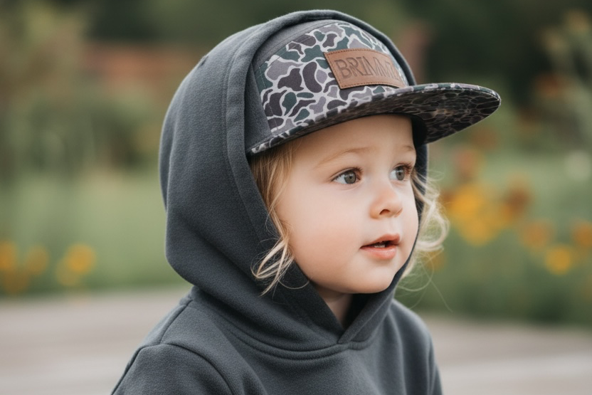 A toddler wearing a dark gray hooded sweatshirt and matching sweatpants sits on a wooden deck outdoors, wearing a duck camo snapback hat with a brown patch.